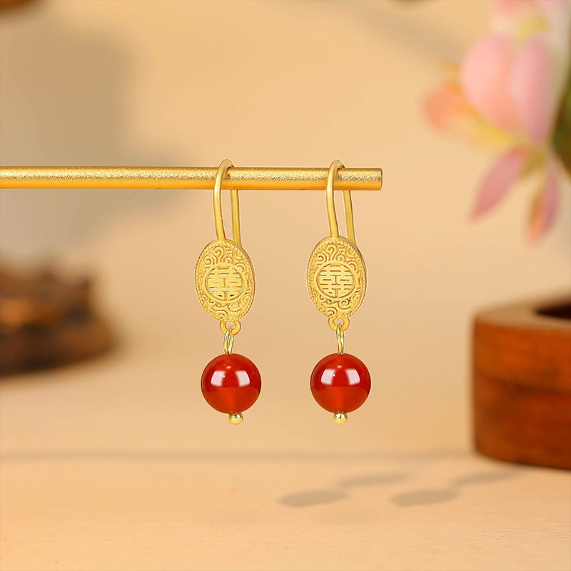 Gold Plated Jewelry - Natural Red Jade Bead Earrings Talismans