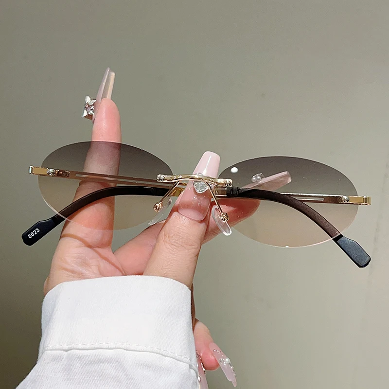 Sunglasses Uv400 - Rimless Oval Sunglasses Women Fashion Gradient