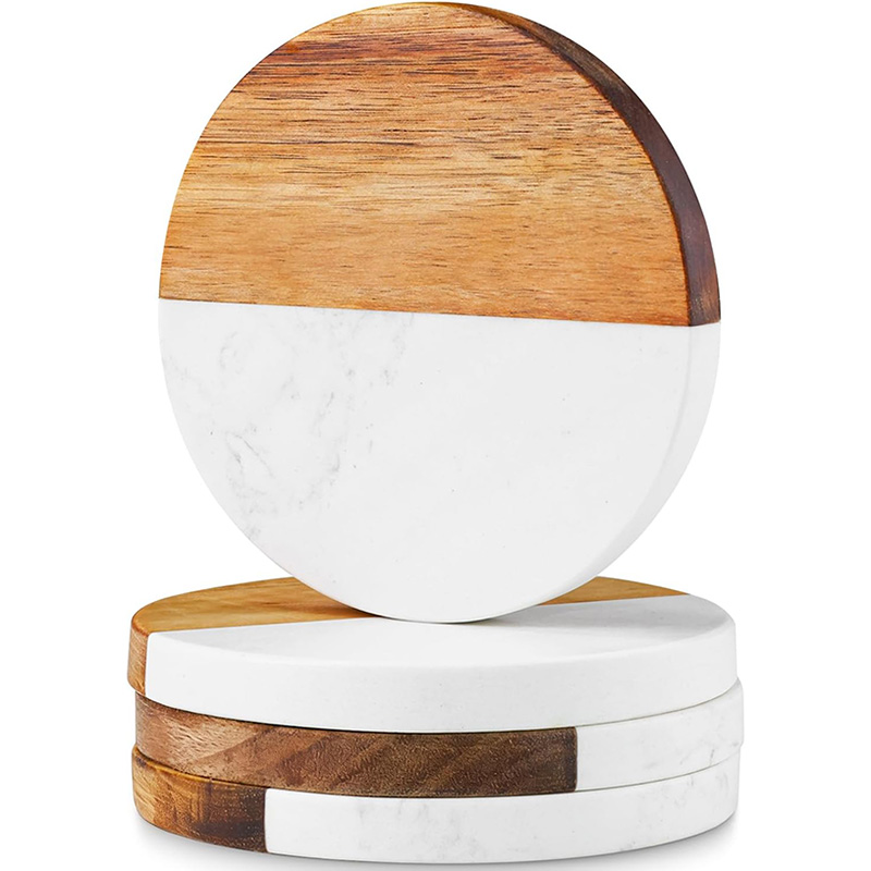 Marble Coaster Set - 4Pcs Marble Acacia Wood Coasters Round