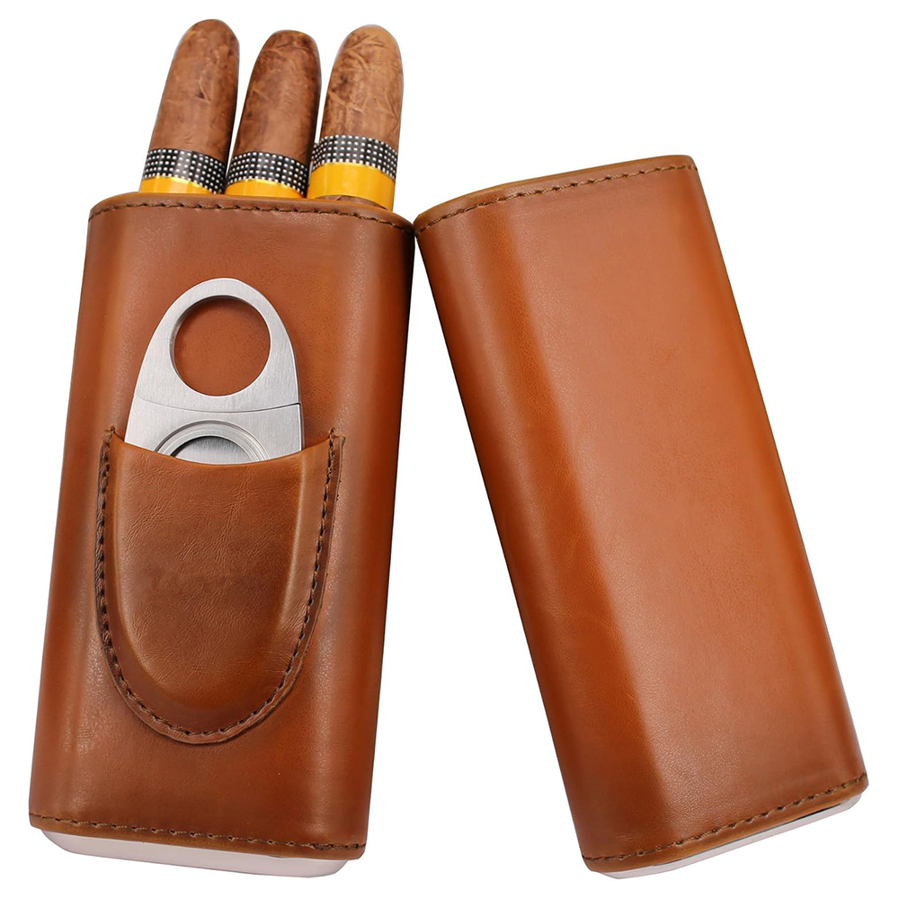 Premium Cigar Case - LMETJMA 3-Finger Leather Cigar Case with