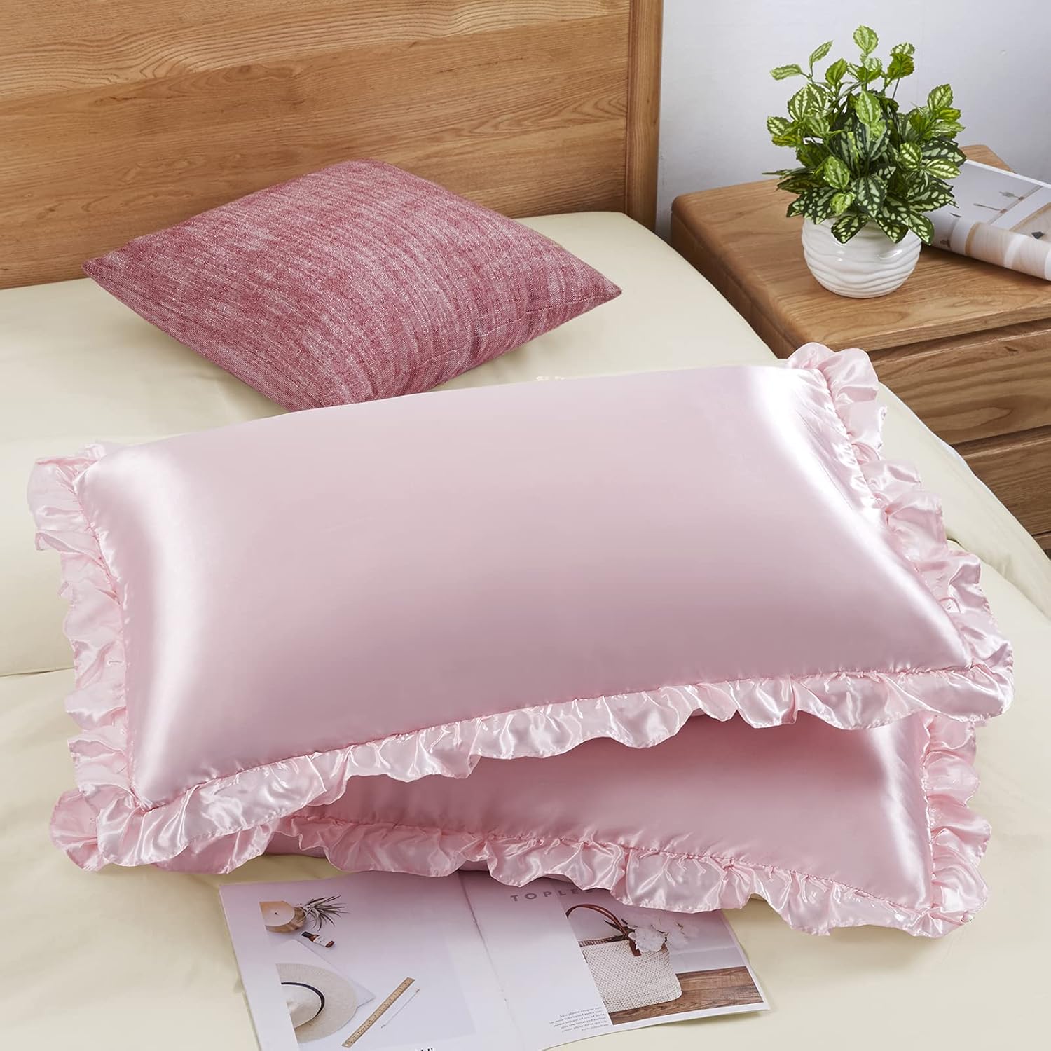 Silk Pillowcase - 2Pcs Satin Ruffled Pillow Cases for