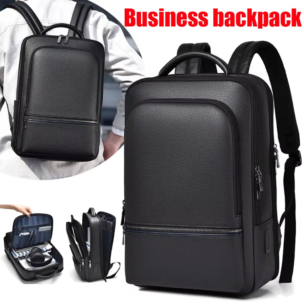 Leather Briefcase - PU Leather Men's Backpack USB Charging